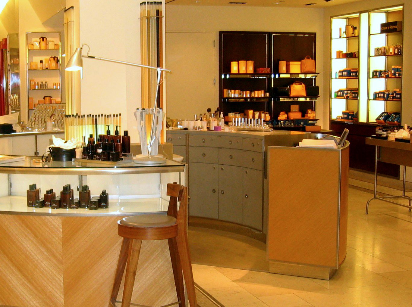 Interior beauty store with centered round retail counter