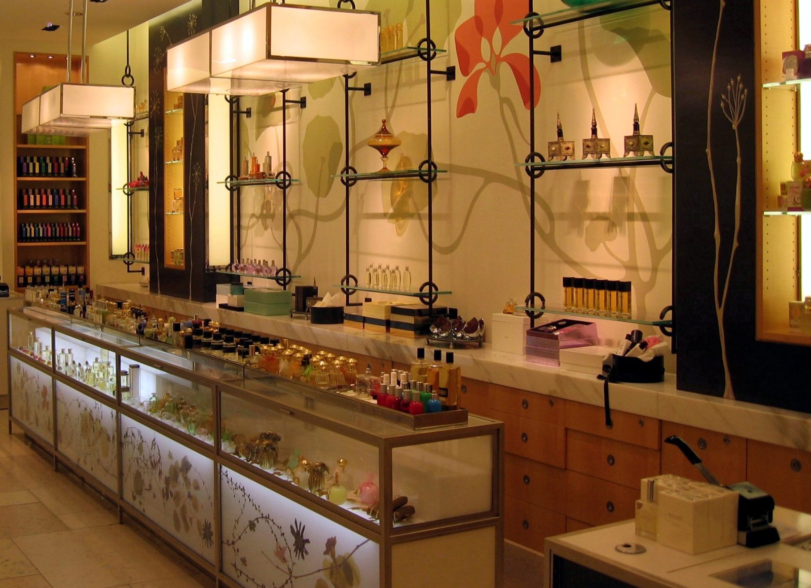 Interior of a beauty store with display cases and counters